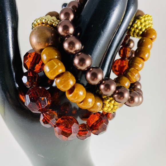 3 Vintage stretch bead bracelets Chocolate & Rust - Picture 2 of 4